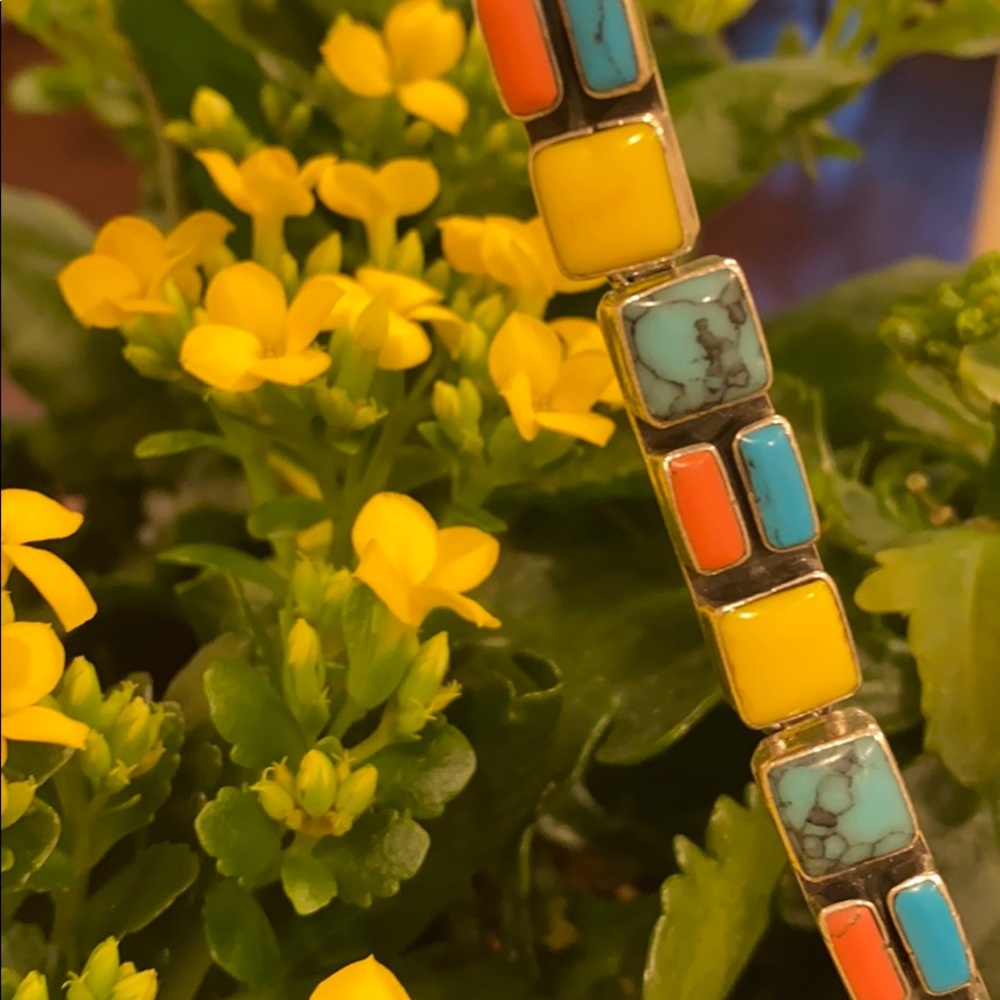 Vintage Turquoise/Coral/Yellow Jasper .925 bracelet